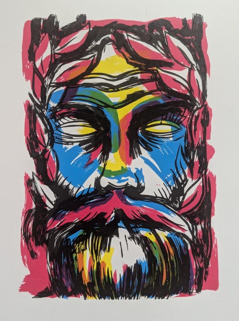 Terry Lawless, The Forgotten God of Memories, 4 Colour Linoprint on Fabriano 5 paper, 50cm x 35cm, €200