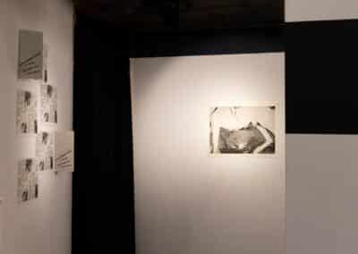 Installation view of printed leaflets and one photo intaglio print hung on adjoining walls. The prints are illuminated by spotlights.