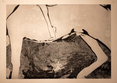 Detail of black and white photo intaglio print. A high heeled foot inside the outline of a horse. Underneath this two figures embracing each other are placed in a forested/swampy area.
