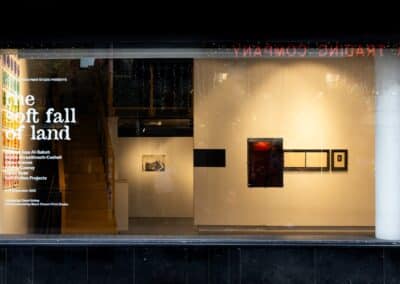 Looking into the gallery space from the street outside. Text with the exhibition title and artist names are visible on the window. Artworks illuminated by spotlights are seen in the gallery.