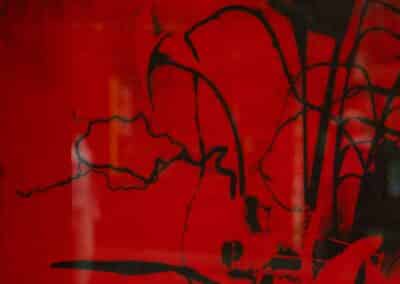 Detail of black and red photo etching. Leaves and flowers are visible in the print.
