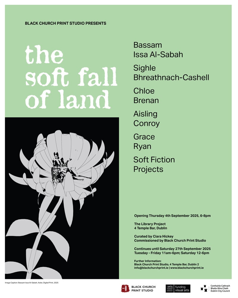 Exhibition invite for the soft fall of land. Light green background with image by Bassam Issa Al Sabah