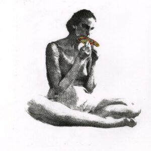 Caoimhe Dalton, eat the bread, stone lithograph and metal leaf, 43 x 33cm