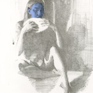 Caoimhe Dalton, Sadhbh eats mock bread (blue face), Stone lithograph and chine collé, 39.5 x 29.5cm