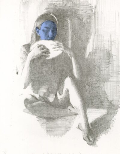 Caoimhe Dalton, Sadhbh eats mock bread (blue face), Stone lithograph and chine collé, 39.5 x 29.5cm