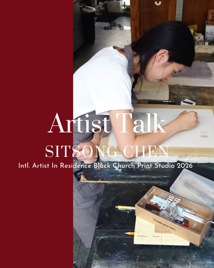Artist Sitsong Chen drawing on the litho stone