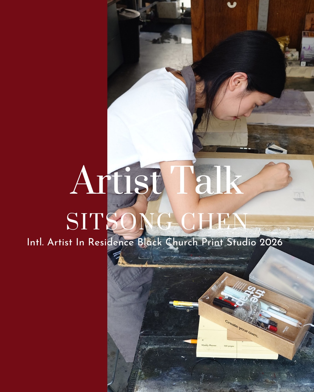Artist Sitsong Chen drawing on the litho stone